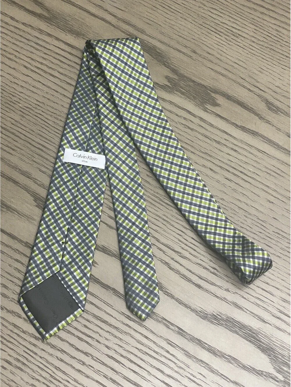 Calvin Klein Mens Necktie Green Gray Check Plaid Slim Tie Silk Blend
